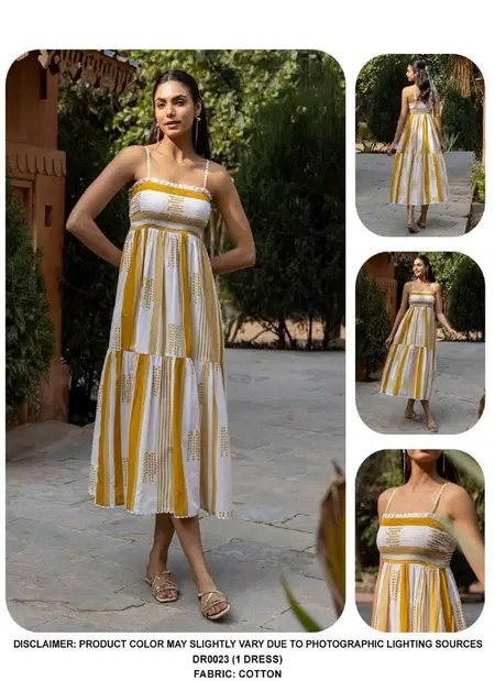 DR0023 Mustard Striped Ladies One Piece Western Dress Suppliers In India